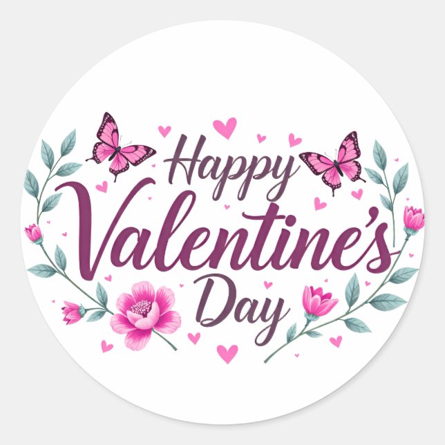 Happy Valentine Day Aufkleber mit Schmetterlingen (Vorderseite)