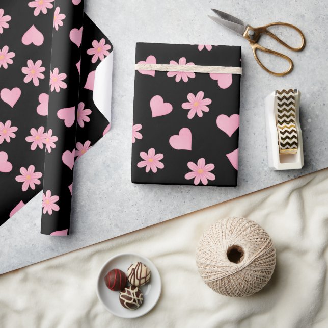 Happy valentine day Black& Pink hearts Flowers Geschenkpapier (Kunsthandwerk)