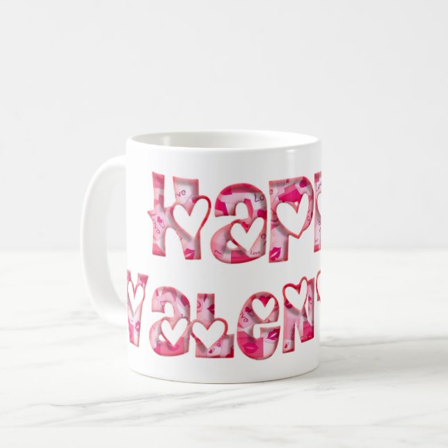 Happy Valentine Liebe hört Typografie Pink Kaffeetasse (Vorderseite Links)