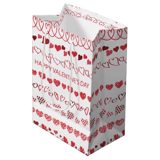 Happy Valentine’s Day Hearts Romantic Holiday Mittlere Geschenktüte (Vorderseite Schrägansicht)