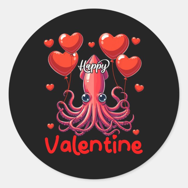 Happy Valentine Tintenfisch Holding Heart Bylloons Runder Aufkleber (Vorderseite)