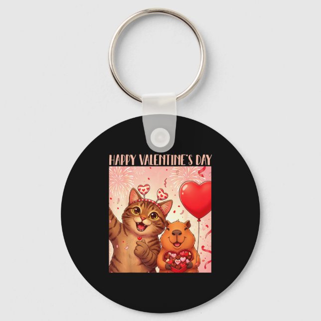Happy Valentines 2026 Cute Cat Capybara Party Art  Schlüsselanhänger (Vorderseite)