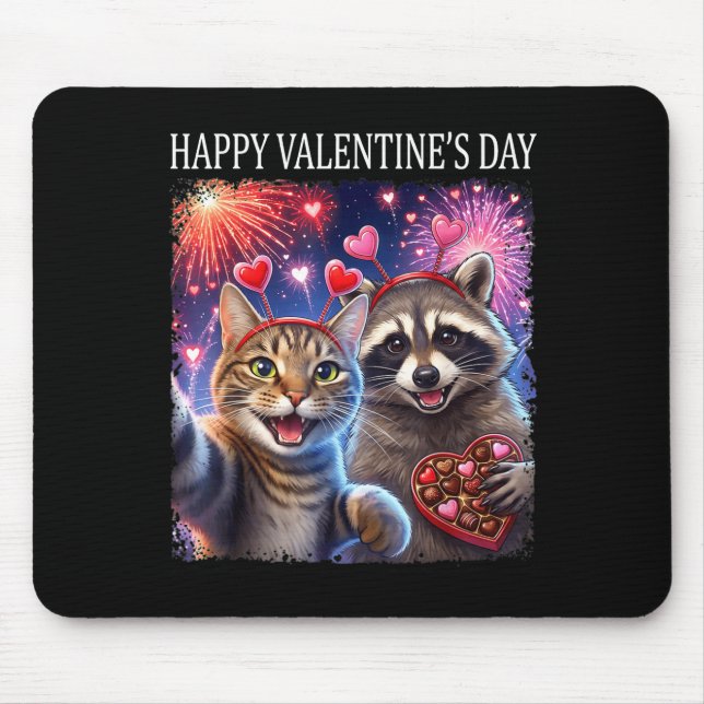 Happy Valentines 2026 Cute Cat Raccoon Party Art  Mousepad (Vorne)