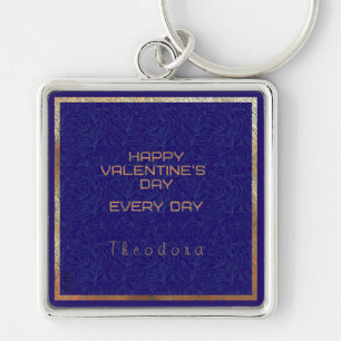 Happy Valentine's Blue Watermark Gold Frame Text Schlüsselanhänger