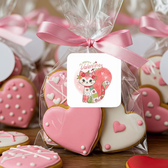 Happy Valentines Cat Quadratischer Aufkleber (Von Creator hochgeladen)