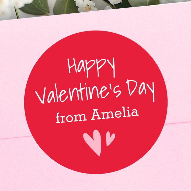 Happy Valentine's Day aus individuelle Name rot Runder Aufkleber (Happy Valentine's Day from custom name red Classic Round Sticker)