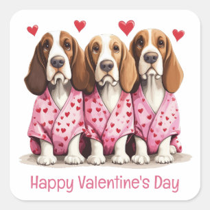 Happy Valentines Day Basset Hound Hunde Quadratischer Aufkleber