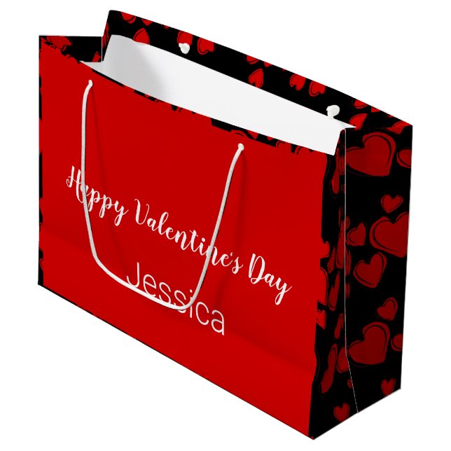 Happy Valentine's Day Black and Red with Hearts Große Geschenktüte (Vorderseite Schrägansicht)