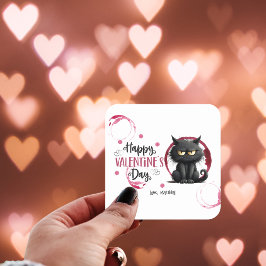 Happy Valentines Day Black Cat mit Weinbergen Quadratischer Aufkleber