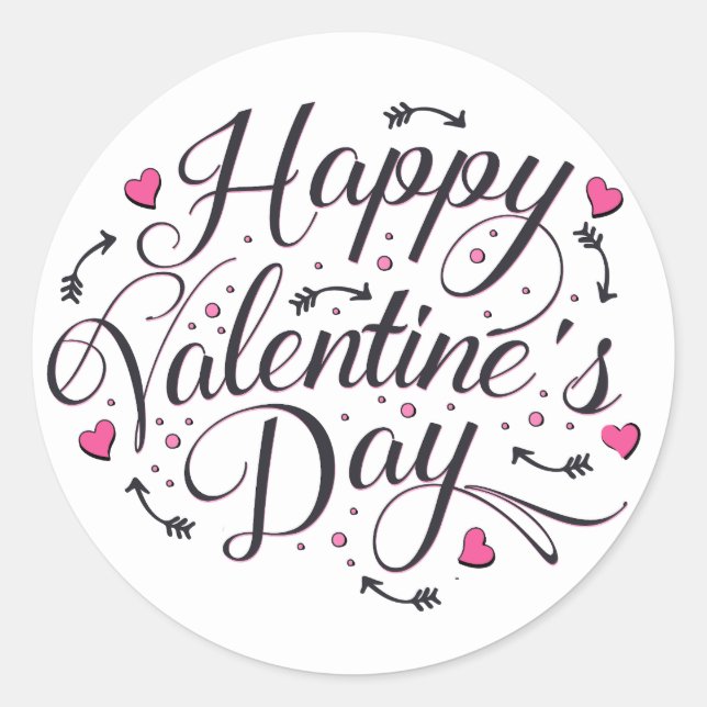 Happy Valentine's Day Black Pink Hearts Arrow Runder Aufkleber (Vorderseite)