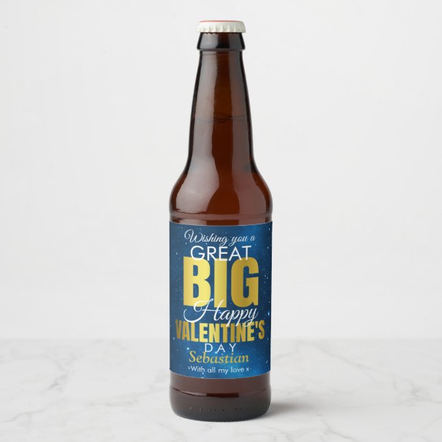 Happy Valentines Day Blue Gold Moderne Bierflaschenetikett (Vorderseite)