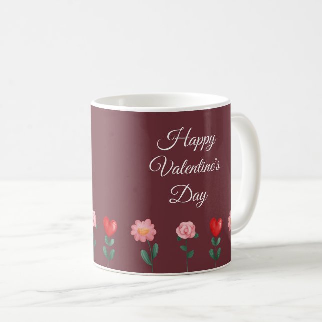 Happy Valentine's Day Blume burgundy Skript Kaffeetasse (VorderseiteRechts)