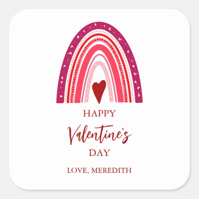 Happy Valentine's Day Boho Regenbogen & Herzen Quadratischer Aufkleber (Vorderseite)
