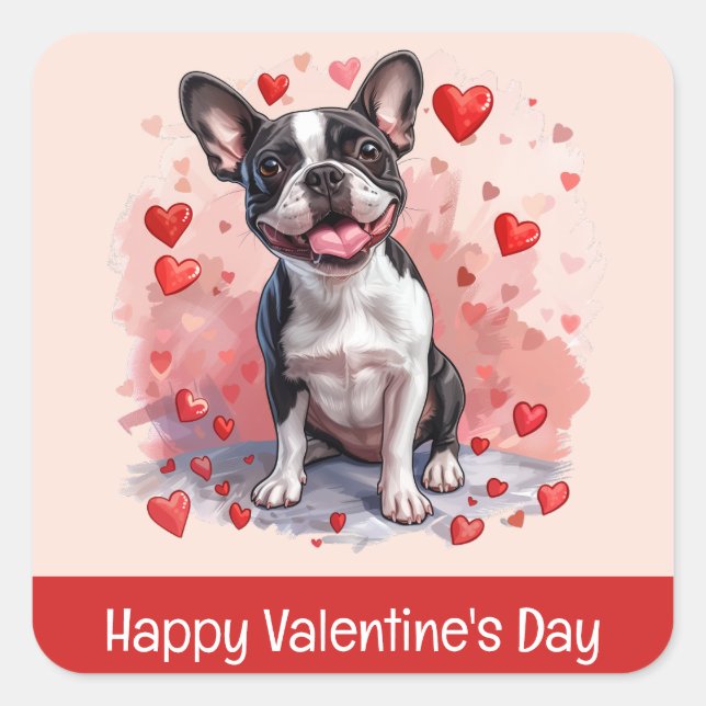 Happy Valentines Day Boston Terrier Dog Quadratischer Aufkleber (Vorderseite)