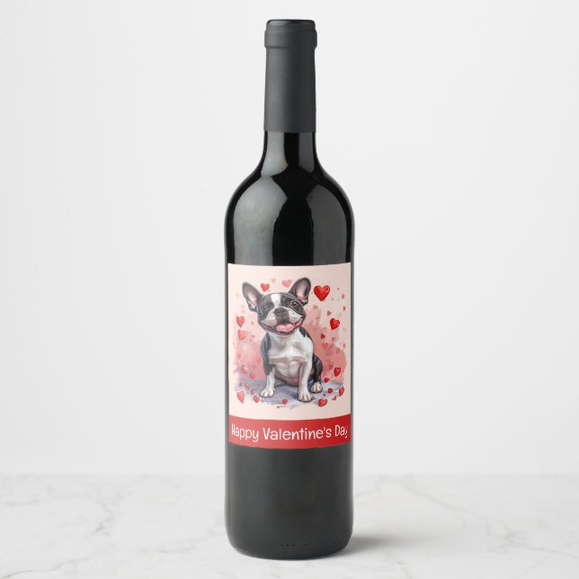 Happy Valentines Day Boston Terrier Dog Weinetikett (Vorderseite)