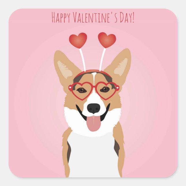 Happy Valentines Day Corgi Dog Quadratischer Aufkleber (Vorderseite)