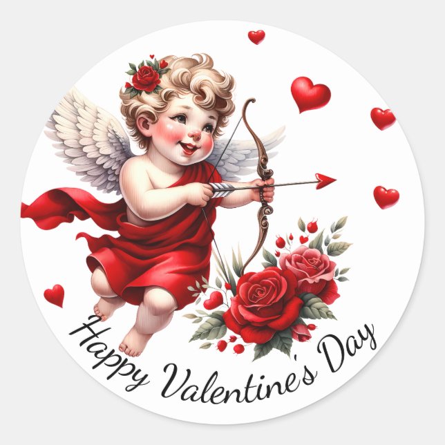 Happy Valentine's Day Cupid mit Red Hearts & Rose Runder Aufkleber (Vorderseite)