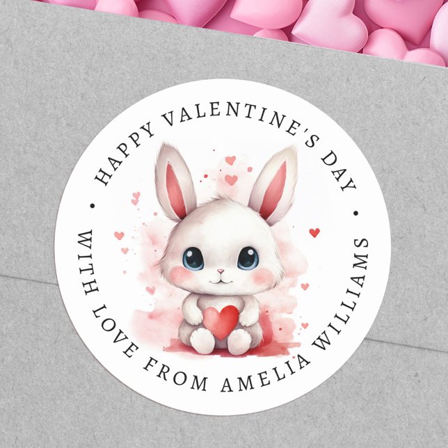 Happy Valentines day cute bunny holding heart Runder Aufkleber (Happy Valentines day cute bunny holding heart Classic Round Sticker)