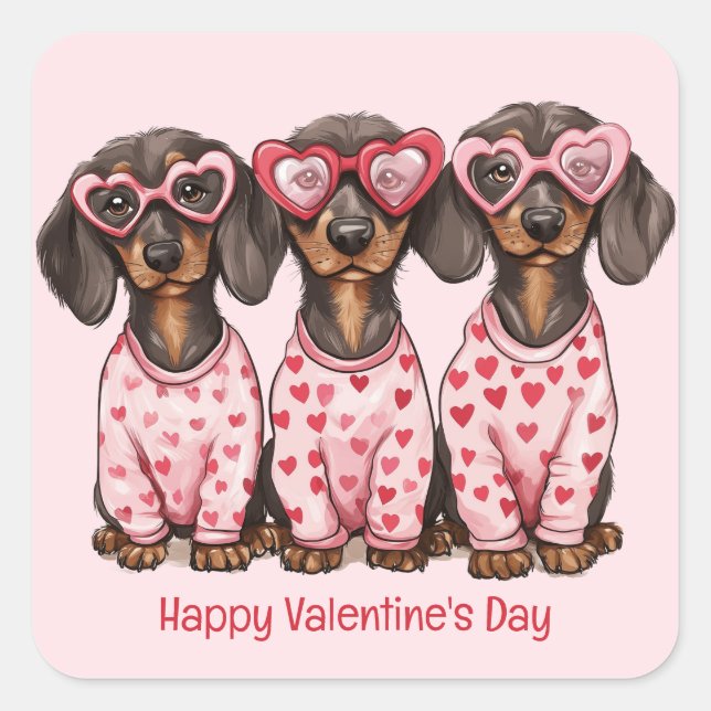 Happy Valentines Day Dackel Hunde Quadratischer Aufkleber (Vorderseite)