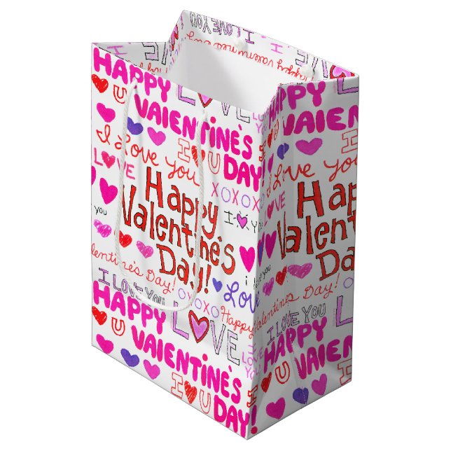 Happy Valentine's Day Doodles Mittlere Geschenktüte (Vorderseite Schrägansicht)