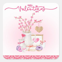 Happy Valentines Day Doughnut Vase Hearts Quadratischer Aufkleber