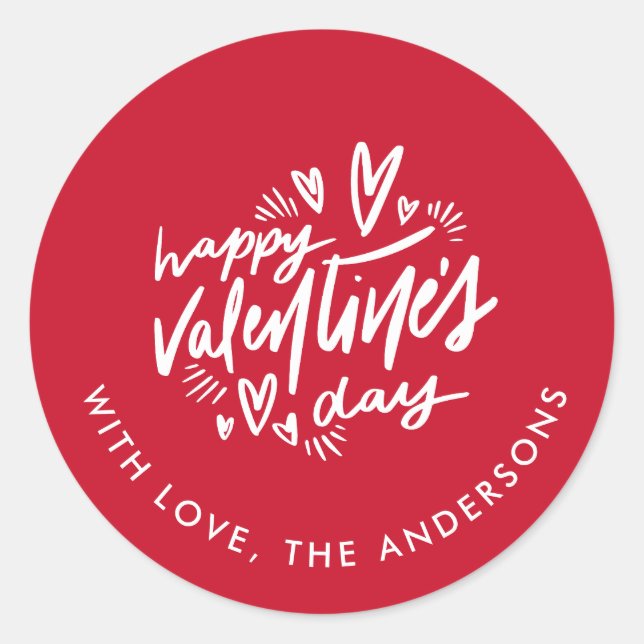 Happy Valentine's Day Drehbuch Rot und Weiß Runder Aufkleber (Vorderseite)