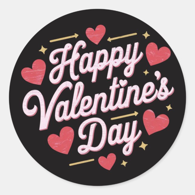 Happy Valentine's Day elegante Drehbuch Rote Herze Runder Aufkleber (Vorderseite)