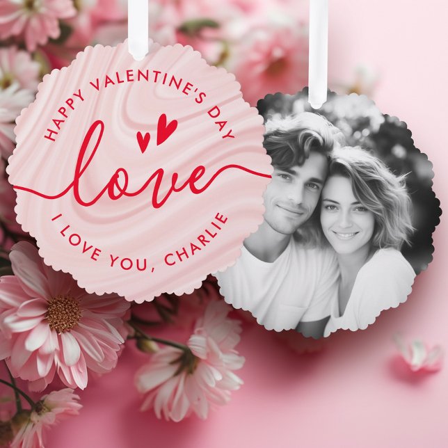 Happy Valentine's Day elegante rot-rosa und rot Ornament Karte (Happy Valentine's Day elegant blush pink and red Ornament Card)