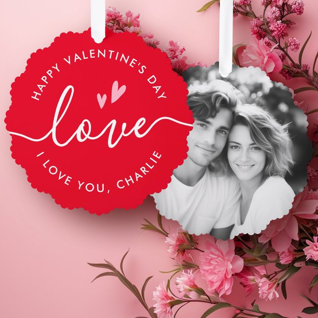 Happy Valentine's Day elegante Skriptname Foto Ornament Karte (Happy Valentine's Day elegant script name photo Ornament Card)
