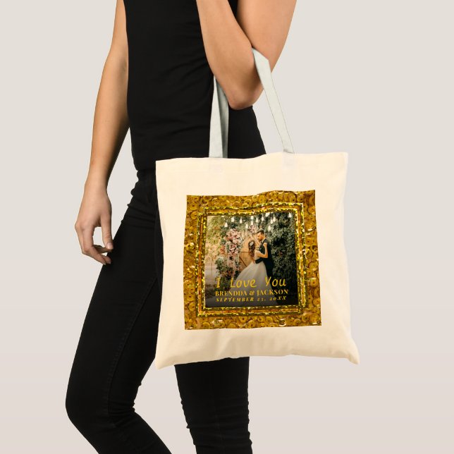 Happy Valentines Day Elegantes Gold Wedding Foto Tragetasche (Vorderseite (Produkt))