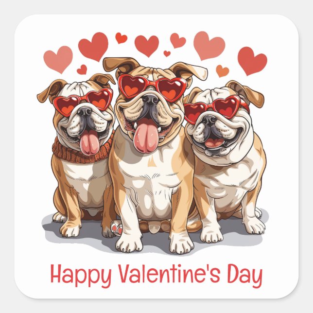 Happy Valentines Day English Bulldog Quadratischer Aufkleber (Vorderseite)