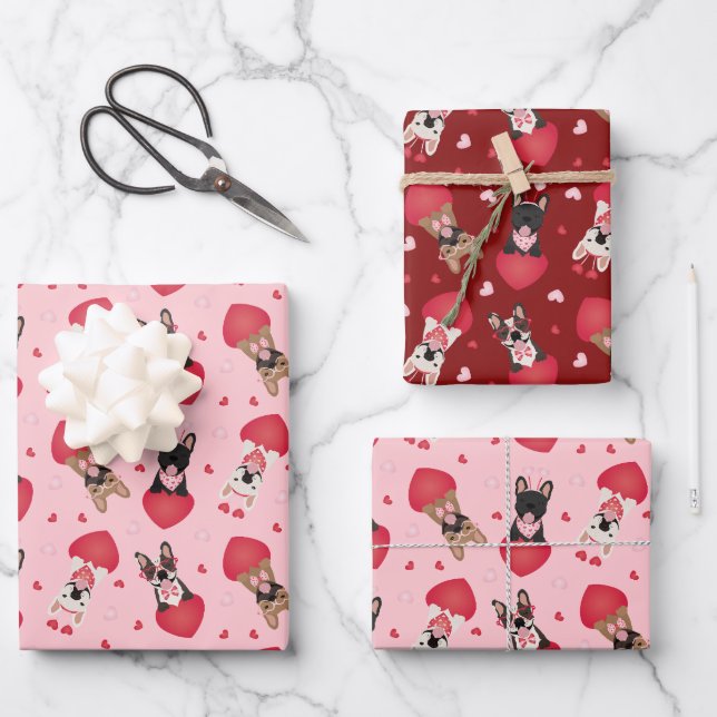 Happy Valentines Day French Bulldogs Geschenkpapier Set (Vorderseite)