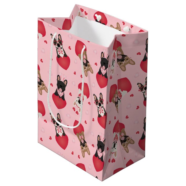 Happy Valentines Day French Bulldogs Mittlere Geschenktüte (Vorderseite Schrägansicht)