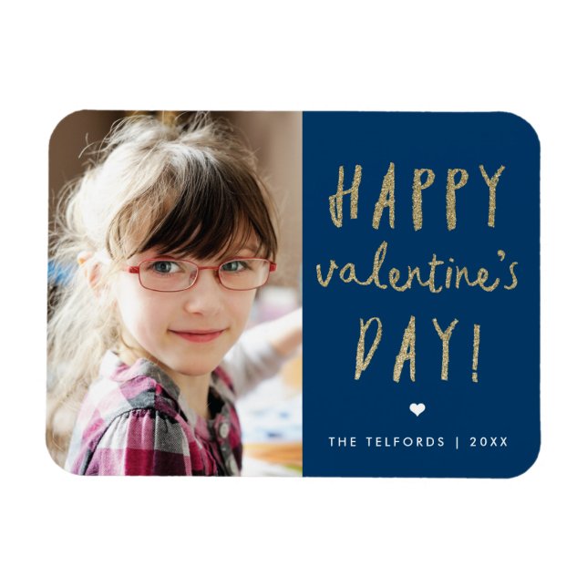 Happy Valentine's Day Gold Glitzer Foto Magnet (Horizontal)