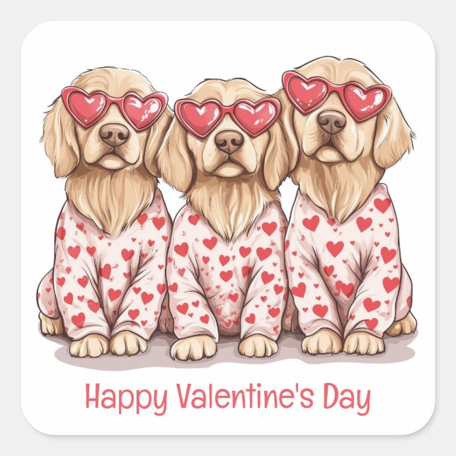 Happy Valentines Day Golden Retriever Hunde Quadratischer Aufkleber (Vorderseite)