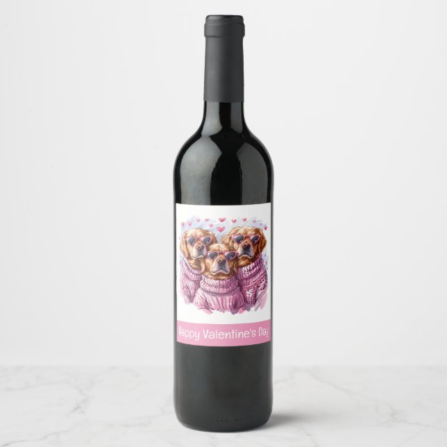 Happy Valentines Day Golden Retriever Hunde Weinetikett (Vorderseite)