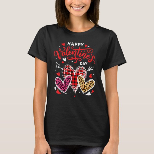 Happy Valentines Day Heart Leopard Buffalo Kariert T-Shirt (Vorderseite)