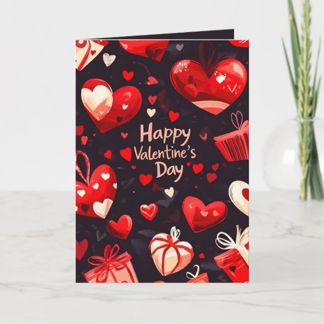 Happy Valentines Day Hearts und Geschenke Karte (Vorderseite)