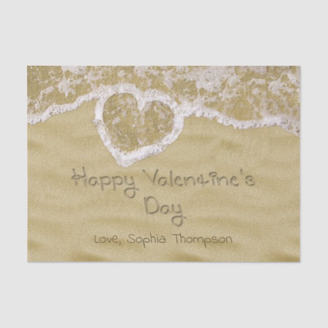 "Happy Valentine's Day" In Sand geschriebenes Herz Seidenpapier (Vorderseite)