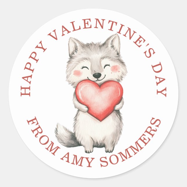 Happy Valentine's Day Kid's Watercolor Fox Herz Runder Aufkleber (Vorderseite)