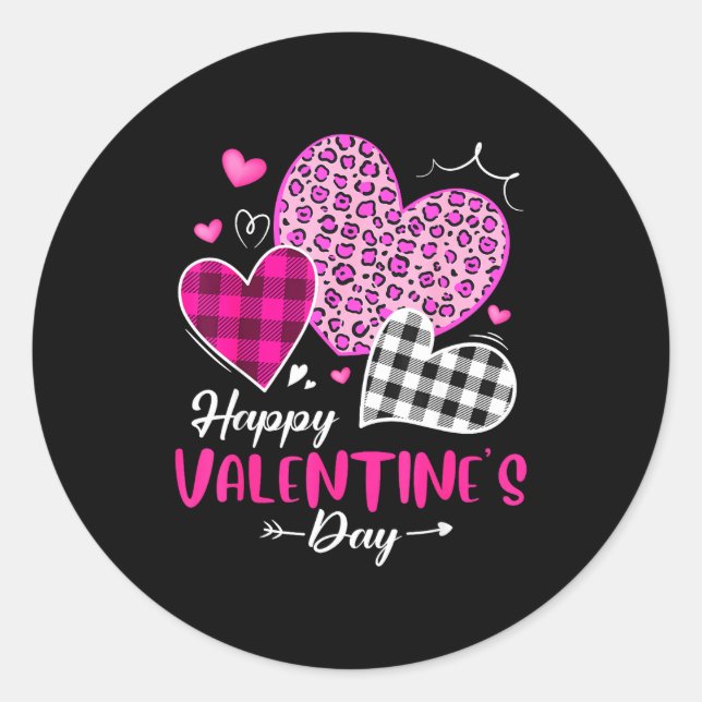 Happy Valentine's Day Leopard And Plaid Hearts Gir Runder Aufkleber (Vorderseite)