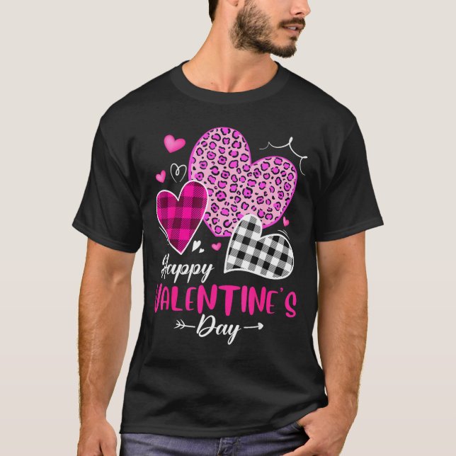Happy Valentine's Day Leopard And Plaid Hearts Gir T-Shirt (Vorderseite)