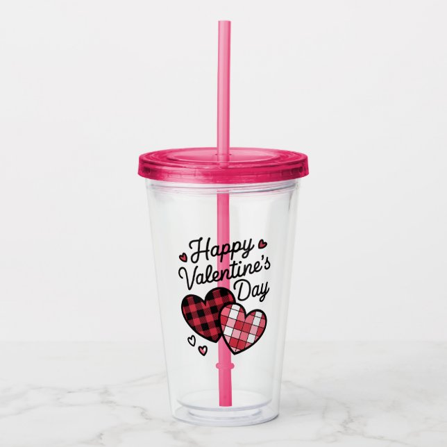 Happy Valentines Day Leopard Karierte Liebe Herz Acryltrinkbecher (Vorderseite)