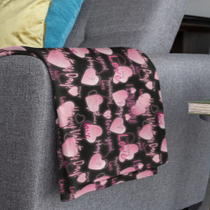 Happy Valentine's Day Liebe Script Pink Hearts Fleecedecke