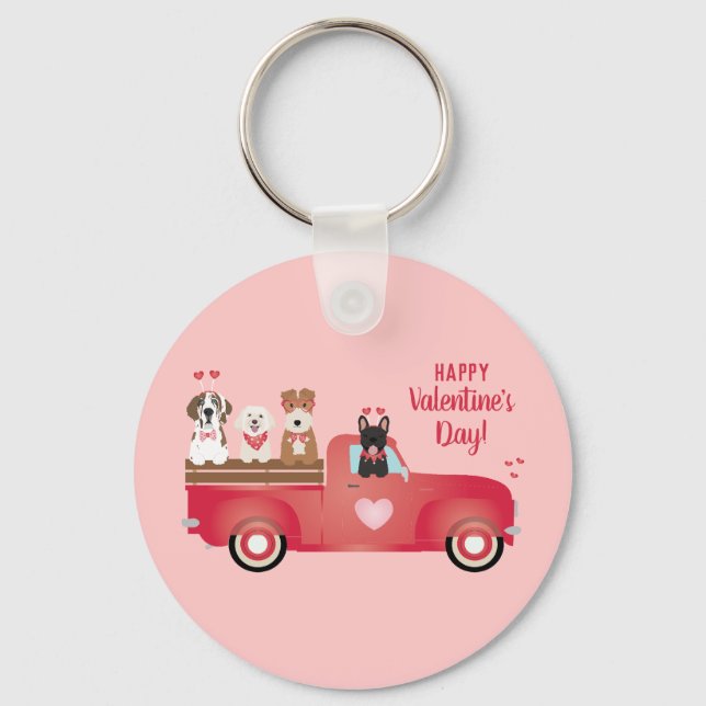 Happy Valentines Day Lieferwagen LKW Liebe Hunde Schlüsselanhänger (Vorderseite)