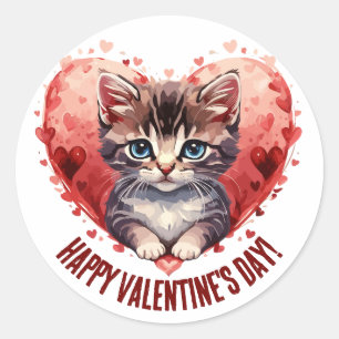 Happy Valentine's Day Little Kitten with Heart Runder Aufkleber