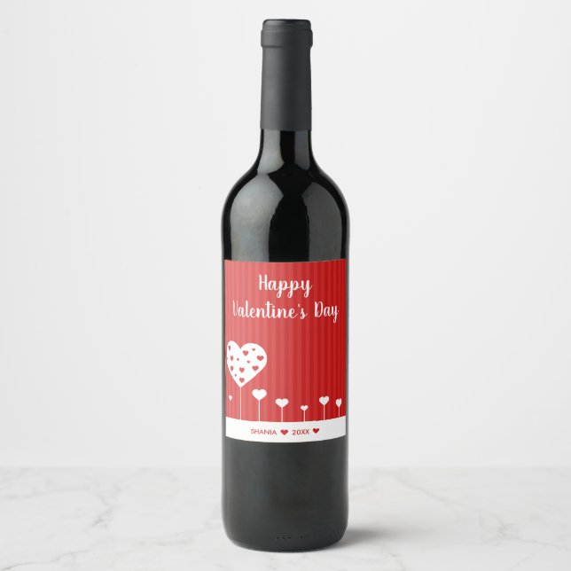 Happy Valentine's Day Lovely Red White Hearts Weinetikett (Vorderseite)