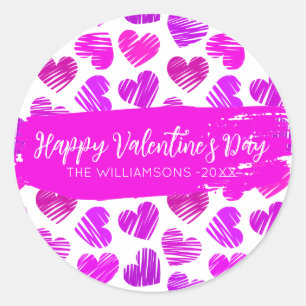 Happy Valentines Day Modern Lila Pink Heart Name Runder Aufkleber