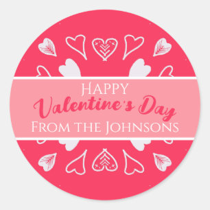 Happy Valentine's Day Modern Pink Familienname Runder Aufkleber