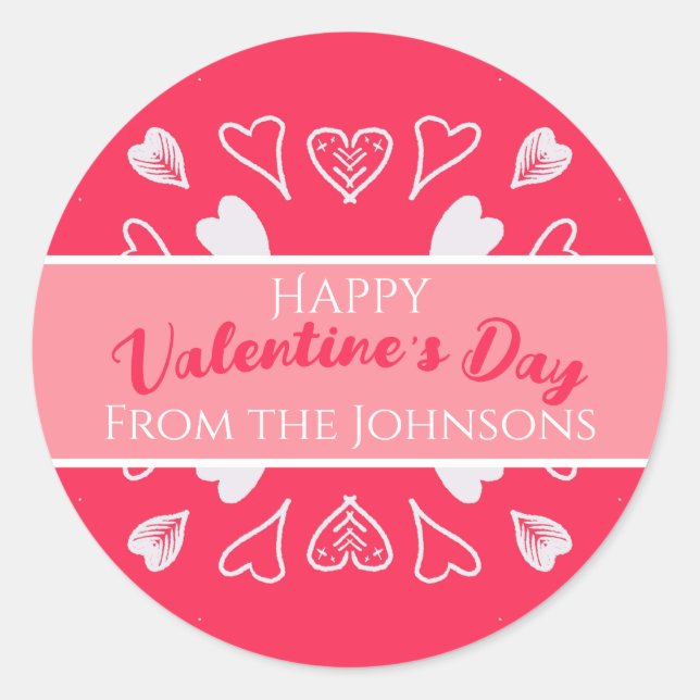 Happy Valentine's Day Modern Pink Familienname Runder Aufkleber (Vorderseite)
